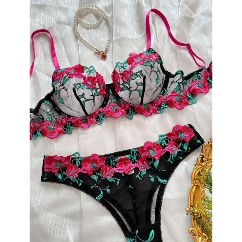 Large 2 pc. Rose Red Floral Embroidered Sheer Mesh Underwire Sexy Lingerie Set